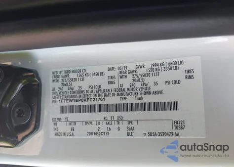 2019 Ford F-150 Xlt z USA, uszkodzony, nr VIN 1FTEW1EP0KFC21761